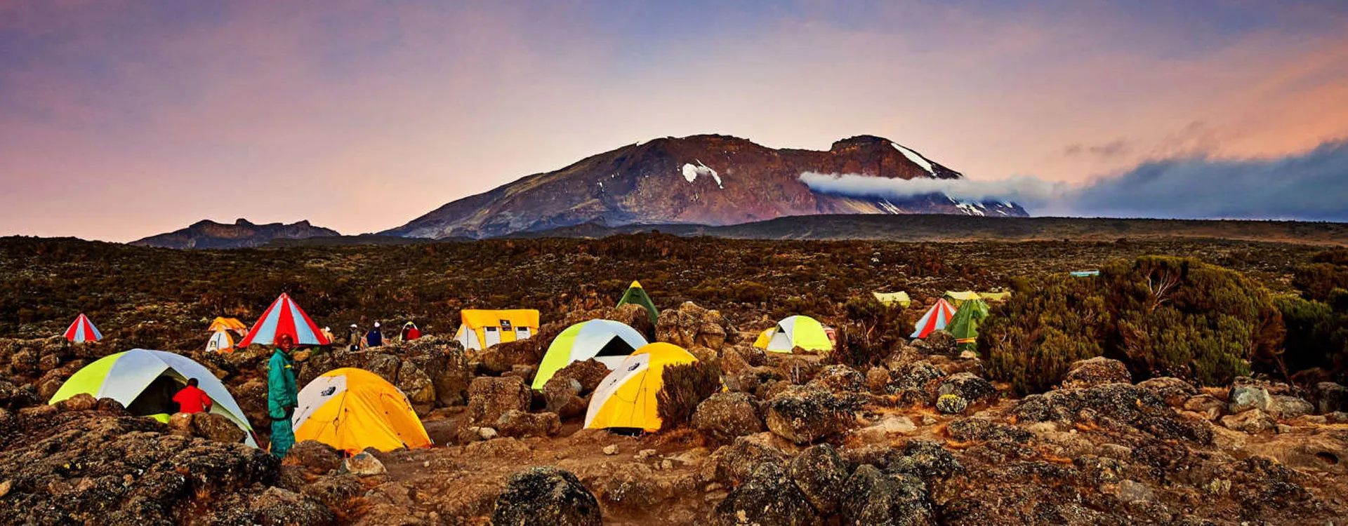 Camping site with tents set up during the Kilimanjaro climb via Lemosho route.